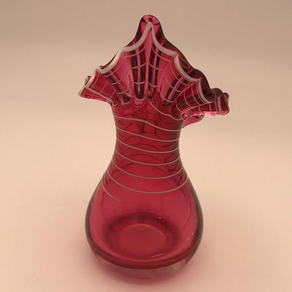 VTG Blown Cranberry‎ Glass Jack in the Pulpit Vase w/ Applied White Striping